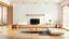 Placeholder: Minimalist modern zen living room with wood floor and shelf wooden on wall japanese style.3d rendering