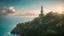 Placeholder: Photoreal magnificent gargantuan medieval light house on an exotic caribbean jungle coast with a frothy turquoise sea at sunset by lee jeffries, in the style of fantasy movies, photorealistic, shot on Hasselblad h6d-400c, zeiss prime lens, bokeh like f/0.8, tilt-shift lens 8k, high detail, smooth render, unreal engine 5, cinema 4d, HDR, dust effect, vivid colors