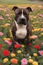 Placeholder: A brindle Staffordshire Bullterrier no with fur with flowers around