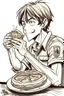 Placeholder: Cartoon sketch of Eren Yeager eating pizza and drinking soda.