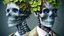 Placeholder: Surreal Couple Made Of Metal Skeletons With Flowering Vines Growing Through; Wearing Blue Gray Green Striped Business Suits With Paisley Shirts And Ties; Surreal, Intricately Detailed, Beautiful, Colorful