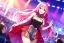 Placeholder: girl, masterpiece, best quality, volumetric lighting, detailed outfit, perfect eyes, long hair, pink hair, red eyes, music stage, micro phone, lens flare abuse, laughing,