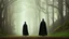 Placeholder: black robed and hooded monks walk through the forest