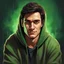 Placeholder: A dark-haired man, brown eyes, green hoody, Oil portrait, lichtenstain style, comic style, smile on face