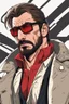 Placeholder: a young man with big muscles who looks like hans gruber wearing a heavy coat and red sunglasses staring with an irritated look on his face