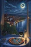 Placeholder: It's a starry night, with a luminous crescent moon, and from the balcony of an elegant luxury apartment, a view of a city with a hill and a river, lights in the windows of the houses. On the balcony, a dining table with a tray with a bird pattern, pizza and wine in starlight