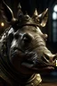 Placeholder: a rhino's head and crown. dramatic lighting, matte painting, highly detailed, cgsociety, hyperrealistic, --no dof, --ar 2:1