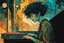 Placeholder: create an abstract expressionist, highly ethereal, darkly magical illustration of a deeply sorrowful, woman with short cropped hair, at her piano in a smokey nightclub, with highly detailed and deeply cut facial features, in the style of GUSTAV KLIMT, PABLO PICASSO, combined with the comic art style of BILL SIENKIEWICZ and JEAN GIRAUD MOEBIUS, searing lines and forceful strokes, precisely drawn, boldly inked, and darkly colored