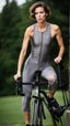 Placeholder: photography of a beautiful anorexic woman, grey satin triathlon top, brunette wavy bob haircut, flat chest, grey satin cycling leggins