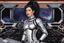 Placeholder: Photo of a Sci-fi woman, with black hair, wearing a silver and black spacesuit looking like an android, on an alien planet