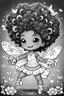 Placeholder: create a coloring page of a chibi crab with a curly afro ponytails dancing around hearts and butterflies. she smiles while shes playing , black and white