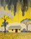 Placeholder: A pale ivory yellow district with a voodoo house in a thunderstorm designed in Australian aboriginal art painted by Hashimoto Gaho
