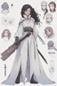 Placeholder: A dnd character sheet. A woman dressed for the cold north, with black hair and lilac eyes. She is a cleric with a sword. Her clothes are white and black