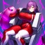 Placeholder: White woman with long purple hair, a good, athletic body, nice legs, and a large bust, dressed in a red latex mini suit and white boots, sitting in an alien-like technological chair, with a destroyed spaceship in the background.