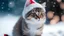 Placeholder: christmas cat in santa claus hat on snowy winter background with copyspace for text. Christmas season, new year, holidays and celebration