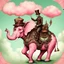 Placeholder: Surreal illustration of a Giraffe, seated atop a steampunk huge chubby Elephant, soaring through a pink cloudy sky. Wears a detailed, clownoutfit, and an intricate, ornate saddle is on the animal back. The animal has a soft, pale green skin, detailed with ornate steampunk-era mechanics decorations. Encaustic wax-based paint style.