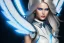 Placeholder: A beautiful portrait of a cute smiling cyber woman with wings, long blond platinum hair, luminous blue eyes, high key lighting, volumetric light high details with blue and white stripes white luminous celtic paterns, beam starry background