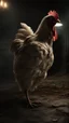 Placeholder: Generate a spine-chilling Halloween horror scene featuring a chicken as if it's a character from a terrifying movie, with eerie lighting and a haunting atmosphere , photo / ultra realistic."