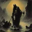 Placeholder: moribund blasphemous heretics the ferryman is guiding you the way tonight, by Frank Frazetta and Gustav Dore, brooding horror art, warm colors, unsettling, grand, dramatic, Charon, river Styx, album cover