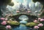 Placeholder: cosmic future city in space, and prety fairy with great wings,small lake with a few water lilies and river with very small waterfall in the watercourse, very pretty little flowered bridge with pink roses, very little fairies with pretty transparent wings , (very pretty shrubs++), well-cut green grass and small flowers of all colors, small dome-shaped house