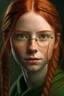 Placeholder: Portrait of a ginger haired girl with braids, crosseyed, small eyes, green eyes, freckles and glasses