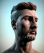 Placeholder: Gran angular, Realistic image, roman sculpture, marble deluxe material, Lionel Messi, gold Laurel leaves crown model, miguel angel style, chisel style, emperador, God light, god rays, 4k resolution, smooth details, ornate details, soft lighting, unreal engine 5, soft cyan background.