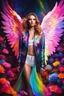 Placeholder: Gorgeous Photography Super Model European Beautiful Woman as Angel with clothing abstracts flowers luxury casual jacket dressing painting art neons rainbow colors glowing in the dark and colorful details, light leaks boleh colors,flowers background