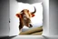 Placeholder: white,background,looking,through,a 3-d, broken,window,with,sharp,edges hole,watching,a,highland cow