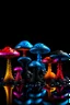 Placeholder: Diseased colourful mushrooms and fungi growing from black oil with a black background in the multiverse