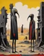 Placeholder: long-legged surreal lean black-grey figures with beak-shaped heads in overcoat, profile, semi-silhouettes among ramshackle ruins in a barren landscape of red, yellow, black and beige colors, intricate acrylic painting