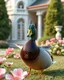 Placeholder: Generate image: Generate image: Generate image: A macro 3D render of a cute, lovely mallard with dark green neck ,made of translucent, glossy,colored jelly material. it is landing in yard of a luxury villa next to flowers ,subsurface scattering and gelatinous texture . High-quality CGI, octane render, 8k resolution, whimsical, adorable, clean composition. long shot ,4:3