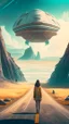 Placeholder: road with sci-fi landscape and woman looking down at cargo spaceship