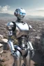 Placeholder: silver humanoid robot standing looking over a small alien town