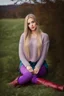 Placeholder: beautiful 18 year old girl with ash blonde hair and blue eyes with her curvy hair down, wearing a long-sleeved woollen top, and lilac long leggings, with long red boots full body shot