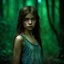 Placeholder: thin 12 year old girl with dark tangled and dirty hair, blue eyes, dirty face, wearing a ripped and dirty teeshirt, in a forest , photorealistic, dark fantasy