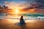 Placeholder: A woman is sitting on the beach near the ocean, with the waves soothing backdrop, peaceful and relaxing atmosphere, sunset, detalied, high textures, photorealistic