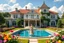 Placeholder: a luxury villa yard with pool in center and pretty plants trees flowers, pretty clouds,a pretty model lady in victorian clothing walking in villa yard in flowers .every thing and lady is made of small colored cubes as a puzzle