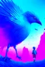 Placeholder: giant blue bird attacking small man in the metaverse style of beeple