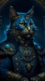 Placeholder: Upscale orkand almost leads to the extinction of cat musk king with chrown, in an accurate revenge scheme,Dramatic, dark and moody, inspired style, with intricate details and a sense of mystery Blue background, 16k