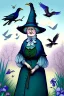 Placeholder: Friendly witch, playing with crows, perfect iris, pastel colours, style Beatrix Potter