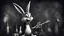 Placeholder: photorealistic deppressed dark melancholic sad Bugs bunny with blackeye deppressed doing music rock and roll dark heavy metal on a scene alcoholic, ciggaretes sad ciggarets