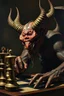 Placeholder: pin hole cam, master oil painting by Rembrandt, realistic rendering chess demon a sense of depth