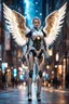 Placeholder: Photography Full body robot cyborgs mechanical electrical realistic super model Russian beautiful Angel woman straddle wings hyper detailed,background walking night city street