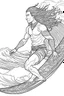 Placeholder: Outline art for coloring page OF A BUFF SURFER WITH LONG CURLY HAIR LOOKING AWAY FROM THE CAMERA IN SHORTS RIDING A WAVE IN HAWAII, coloring page, white background, Sketch style, only use outline, clean line art, white background, no shadows, no shading, no color, clear