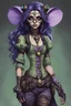 Placeholder: young, perky, female humanoid githyanki. pale green skin, big dark purple flowing hair, large dark black eyes, a few facial tatoos, pointed ears, dressed in steampunk garb, googles, and a pet mouse