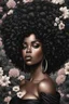 Placeholder: Create an urban art drawing image of a curvy size black female wearing a black off the shoulder blouse and she is looking down with Prominent makeup. Highly detailed tightly curly black afro. Background of large black flowers surrounding her