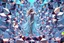 Placeholder: very complex structure ,pretty color environment 3d metalic and crystal recursive animating beveled geometric base very complex structure emiting mirror bubbles that broke, goddess lady in a pretty cleric dress comes out dancing gracefully , viberating color moving very in modern city escape environment while camera tracking it.