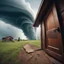 Placeholder: Pov: the open door to the sky a girl laugh and stretches out her hand, a tornado carries the wreckage of a scary cabin. the effects of dust and strong winds flow dramatically. scene funny.