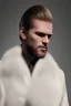 Placeholder: A handsome man middle length blonde slick back hair beard wearing white fur coat black gloves at the luxury room, high details, good quality, overhead sunlight, medium shot