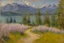 Placeholder: Mountains, lake, flowers, pathway, pine trees, clouds, philip wilson steer impressionism painting